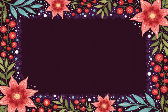Floral border with pink flowers and green leaves on dark background - Powered by Adobe