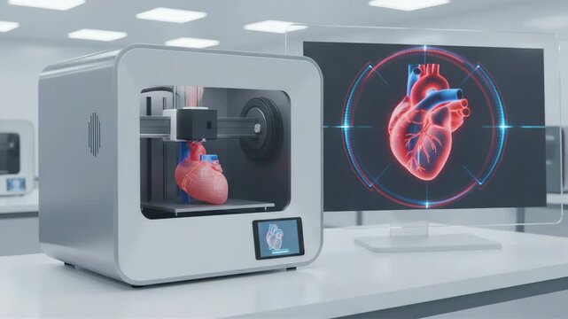 Futuristic 3d printer creating a human heart model in a clean biomedical lab, printing process