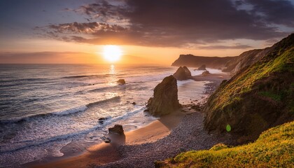 Dramatic Coastal Sunset Rocky Cliffs Secluded Beach