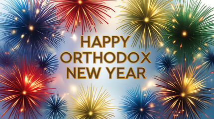 Happy Orthodox New Year text with colorful fireworks against a light background, HD and 4k image