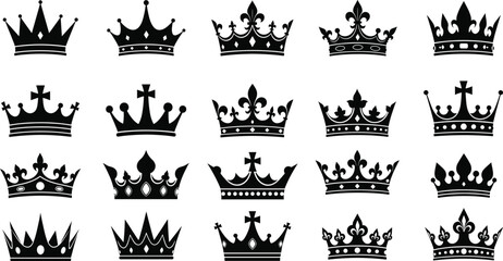 Obraz premium Extensive assortment of majestic black crown silhouettes in vector format, representing kings, queens, and concepts of success, luxury, and exclusive royal achievement.
