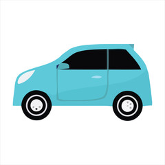 A simple light blue hatchback car illustration in profile, symbolizing modern urban transportation and personal mobility on a clean background