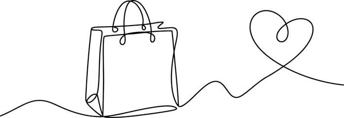 Continuous line art drawing of a shopping bag and heart, representing consumerism, retail, purchasing, love, gift giving, and online shopping. Vector, illustration