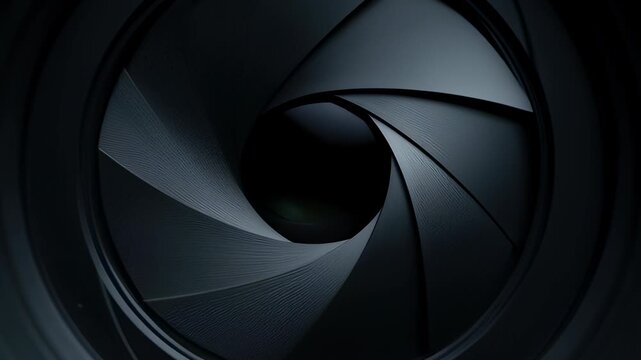 Macro close-up of a black camera shutter iris opening and closing with metallic aperture blades, symbolizing photography and digital optics technology