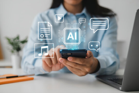 Woman using AI powered app on her phone for seamless communication and digital content access in a modern office setting, enhancing productivity