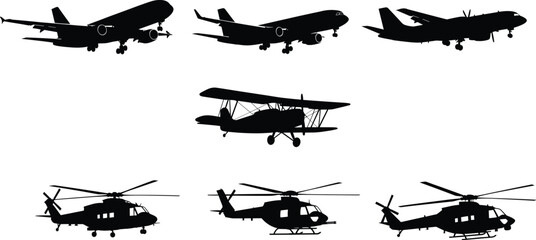 High-quality vector set of nine detailed black aircraft silhouettes, encompassing modern passenger airliners, classic propeller biplanes © Mohammad