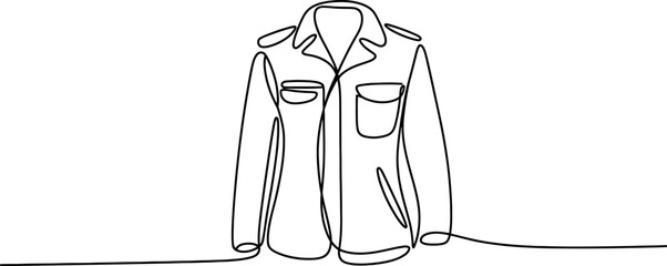 Continuous line drawing of a classic jacket with a sharp collar and front pockets, representing fashion, style, and apparel. Vector, illustration