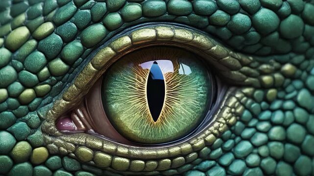 Detailed macro of a green dragon or snake eye with a vertical pupil and textured scales. Fantasy concept art of a mythical creature, ancient dinosaur, or powerful predator