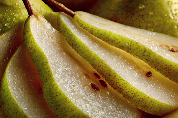 Macro Shot of Juicy Pear Slices with Water Droplets – Fresh Fruit Texture