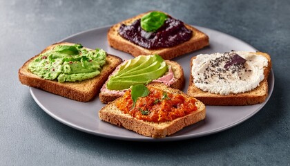 Toasted Bread Slices Topped With Various Spreads 1