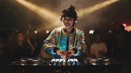 Young female DJ mixing music in a nightclub party atmosphere - Powered by Adobe