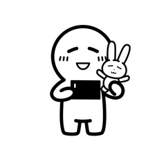 ぬいぐるみと一緒に写真を撮る人物　イラスト