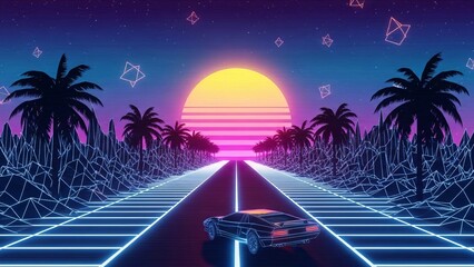 Retro Synthwave Road Trip with Palm Trees and Neon Sunset