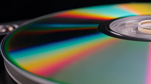 Macro spinning compact disc revealing a colorful rainbow spectrum through light diffraction on a metallic surface, illustrating optical data storage technology