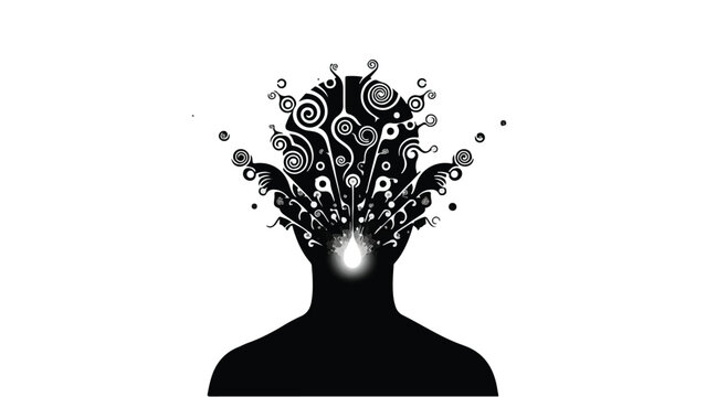 Silhouette of a person's head exploding with creative ideas and abstract patterns