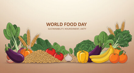 World Food Day illustration featuring fresh vegetables and grains promoting sustainability nourishment and unity