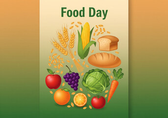 Food Day illustration with fresh produce grains and bread, a colourful design for health awareness campaigns