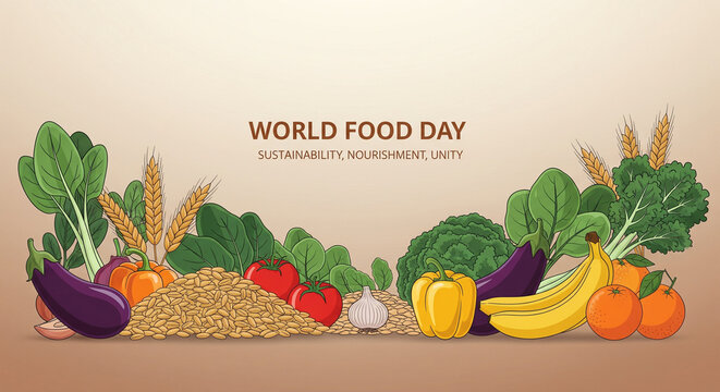World Food Day illustration featuring fresh vegetables and grains promoting sustainability nourishment and unity - Powered by Adobe