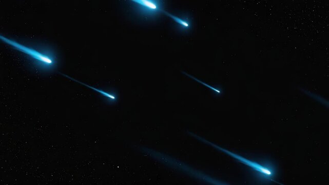 Panoramic view of a vibrant blue meteor shower streaking across the night sky. Celestial event with falling stars and comets against a dark galaxy background for science fiction