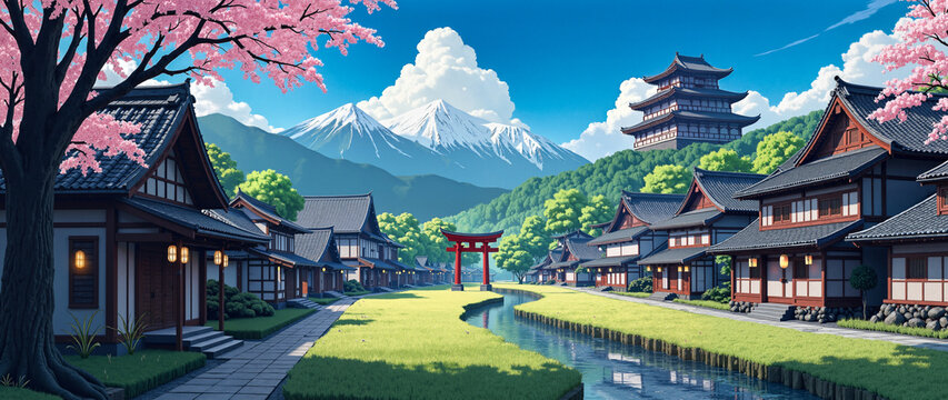 Peaceful Japanese village street lined with classic wooden homes, blooming sakura 桜, hanami, serene waterway, prominent torii gate 鳥居 , ancient castle 城, shiro, and snow capped mountains