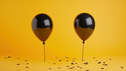 Two black matte balloons for advertising campaign on yellow background with confetti for promotional marketing concept