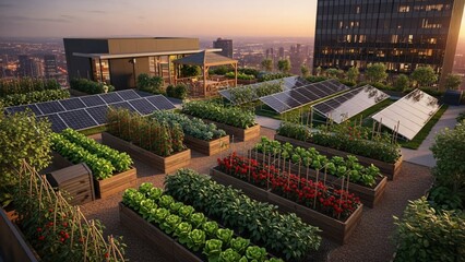 Rooftop Urban Garden with Solar Panels Growing Fresh Vegetables in Cityscape