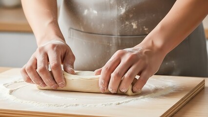 Hands Shaping Sourdough Bread Dough On A Wooden Board