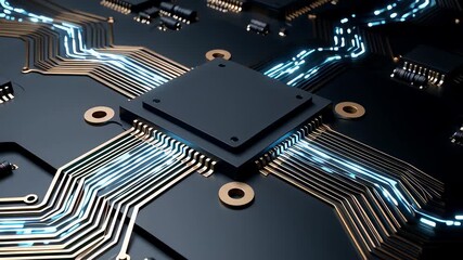 Futuristic computer chip with glowing blue data streams flowing through gold circuit tracks on a dark motherboard, illustrating high-speed processing concepts in a cinematic 3D animation - Powered by Adobe