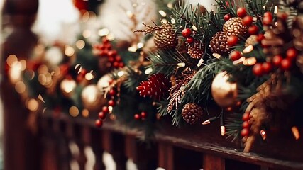 Beautiful festive garland with fir branches, red berries, pine cones, and golden baubles decorating a wooden railing. Warm twinkling lights create a cozy and magical christmas atmosphere - Powered by Adobe
