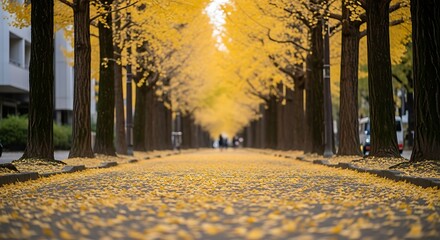 Golden Ginkgo Tree Lined Avenue in Autumn Sunlight.