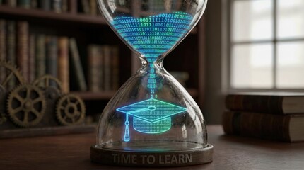 Online education technology concept. An hourglass with binary code and a graduation cap symbolizes the merging of time and education.