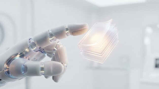 Online education technology concept. Robotic hand interacting with transparent data sheets in a futuristic setting. - Powered by Adobe