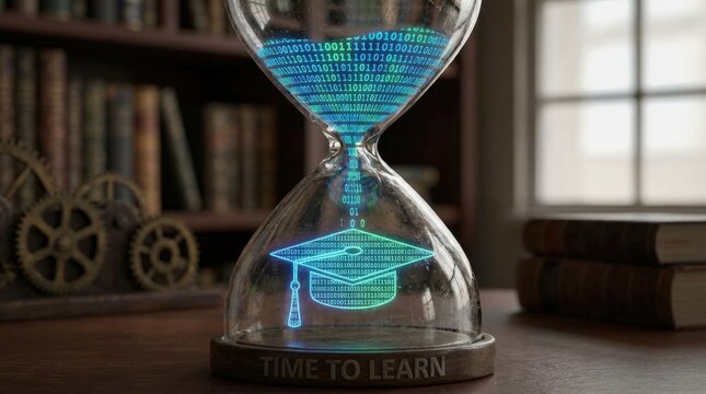 Online education technology concept. An hourglass with binary code and a graduation cap symbolizes the merging of time and education. - Powered by Adobe