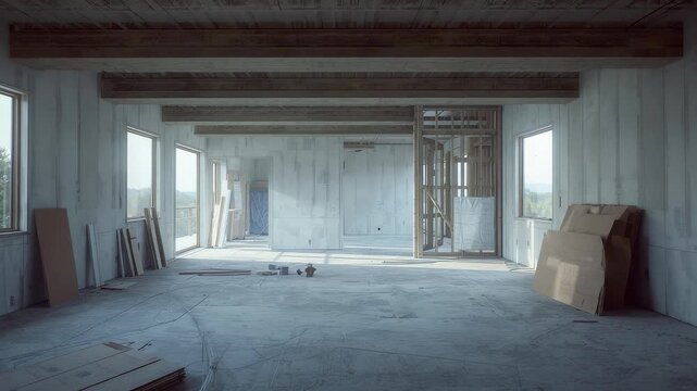 Spacious unfinished interior of a concrete building under renovation with exposed beams, raw walls, scattered materials and natural daylight