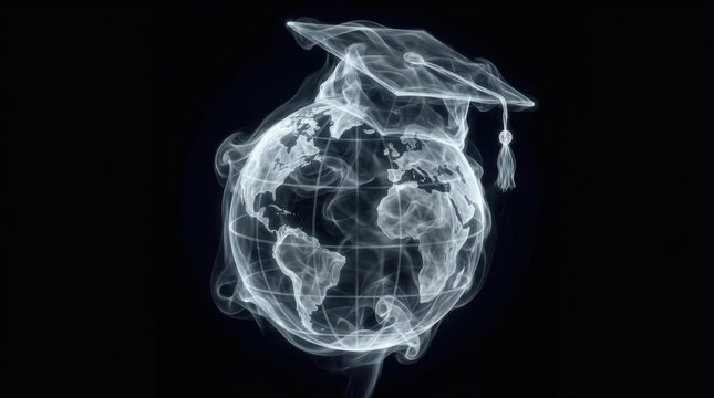 Online education technology concept. Visual representation of a globe with a graduation cap symbolizing global education.