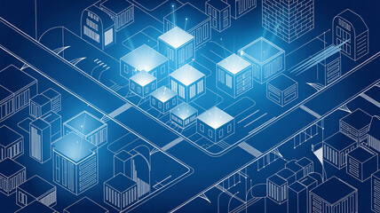 Blueprint city design showing a futuristic urban plan with glowing buildings, ideal for architectural visualization and modern infrastructure projects