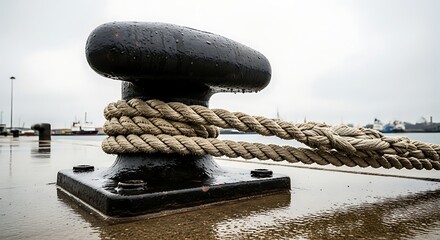 Heavy mooring rope secured to a black bollard on a wet dock surface.