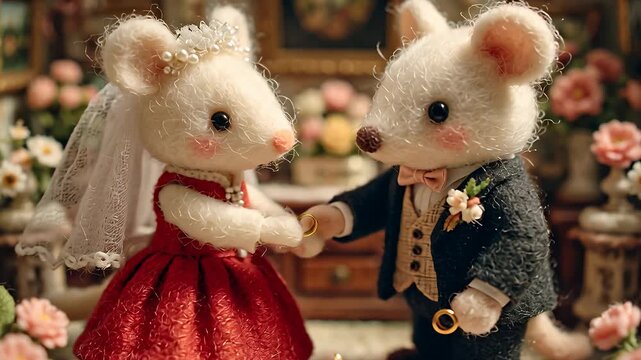 Wedding ceremony of two white mice with floral decorations and decorative setting
