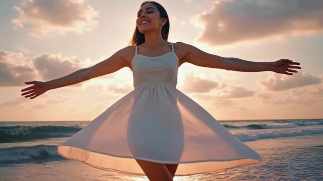 Happy young adult woman in a white dress spinning on the beach at sunset. Carefree female enjoying freedom and nature during a beautiful summer vacation by the ocean