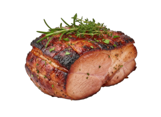 A Perfectly Roasted Ham Glazed with a Savory Sauce Garnished with Fresh Herbs and Spices on a Black Background Suitable for Culinary Food Photography