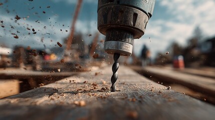 Power Drill in Action on Wood Surface