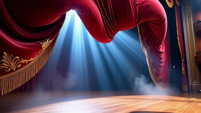 Luxurious red velvet theater curtain rising to reveal bright spotlights on a wooden stage in a cinematic 3D animation, ideal for show introductions and premieres.