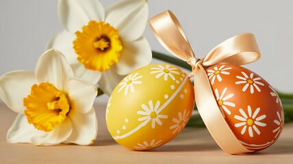 Vibrant yellow and orange decorated easter eggs with delicate daisy patterns, tied together with a satin ribbon, beside fresh spring daffodils.