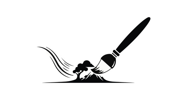 Artistic brush creating a stylized landscape with a lone tree.