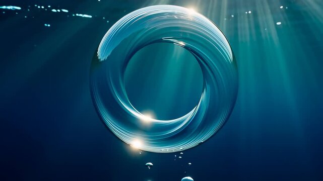Perfect toroidal air bubble ring rising through deep blue water with shimmering sunbeams in a cinematic 3D animation, symbolizing oxygen and purity.