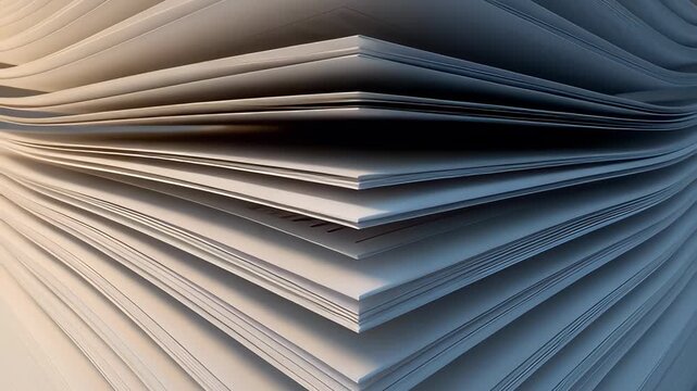 Rapidly flipping pages of a white paper document stack in a close-up 3D animation, illustrating bureaucracy and data processing workflow