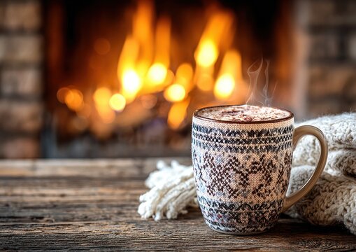 A steaming cup of coffee sits on a rustic wooden table near a glowing fireplace in a warm, inviting setting
