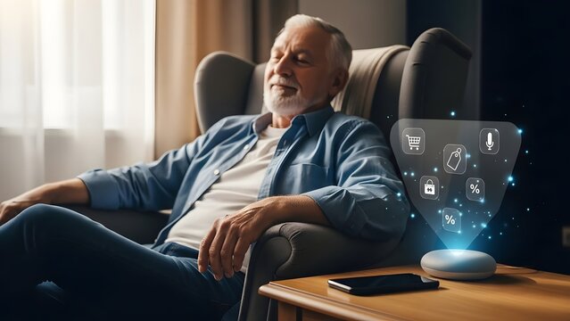 Relaxed senior man effortlessly interacting with futuristic smart home technology via voice command, enhancing comfort and modern living with digital assistant features