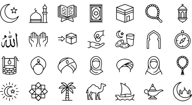 Islamic culture and religious symbols line icons collection set graphic Vector