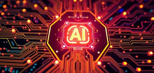 Abstract glowing circuit board with AI symbol at center,  ui,  microchip